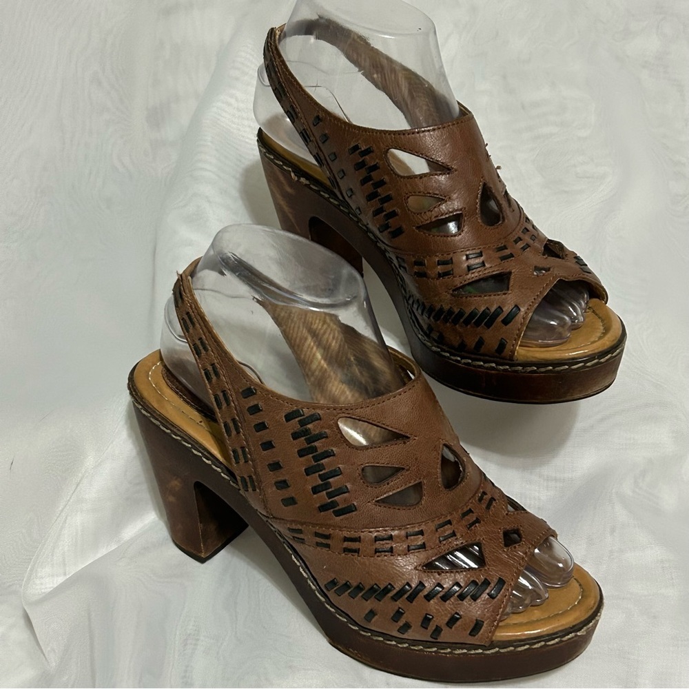 Fossil Peep Toe Block Heeled Wood Platform Shoes Size 7